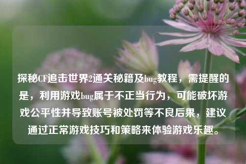 探秘CF追击世界2通关秘籍及bug教程，需提醒的是，利用游戏bug属于不正当行为，可能破坏游戏公平性并导致账号被处罚等不良后果，建议通过正常游戏技巧和策略来体验游戏乐趣。