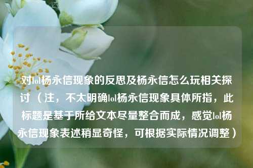 对lol杨永信现象的反思及杨永信怎么玩相关探讨 （注，不太明确lol杨永信现象具体所指，此标题是基于所给文本尽量整合而成，感觉lol杨永信现象表述稍显奇怪，可根据实际情况调整）