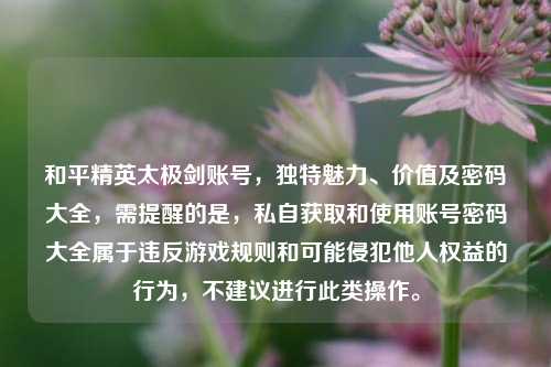 和平精英太极剑账号，独特魅力、价值及密码大全，需提醒的是，私自获取和使用账号密码大全属于违反游戏规则和可能侵犯他人权益的行为，不建议进行此类操作。