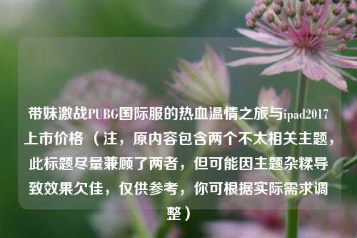 带妹激战PUBG国际服的热血温情之旅与ipad2017上市价格 （注，原内容包含两个不太相关主题，此标题尽量兼顾了两者，但可能因主题杂糅导致效果欠佳，仅供参考，你可根据实际需求调整）