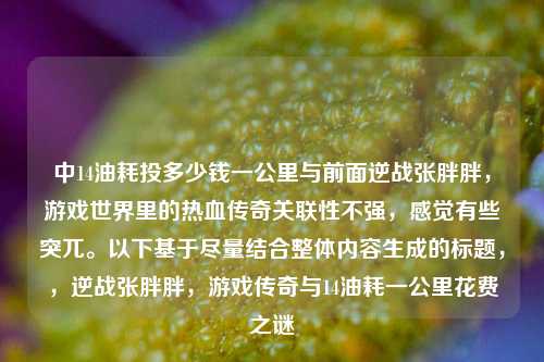 中14油耗投多少钱一公里与前面逆战张胖胖，游戏世界里的热血传奇关联性不强，感觉有些突兀。以下基于尽量结合整体内容生成的标题，，逆战张胖胖，游戏传奇与14油耗一公里花费之谜